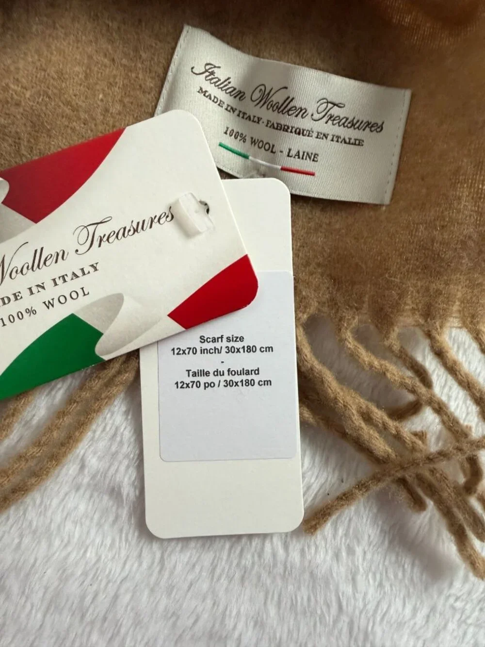 Italian Woollen Treasures Camel Brown 100% Wool Scarf Fringed Edges 12x70 Inches